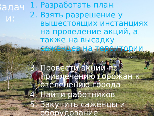 Задачи: Разработать план Взять разрешение у вышестоящих инстанциях на проведение акций, а также на высадку саженцев на территории Провести акции по привлечению горожан к озеленению города Найти работников Закупить саженцы и оборудование Весной преступить к реализации проекта 