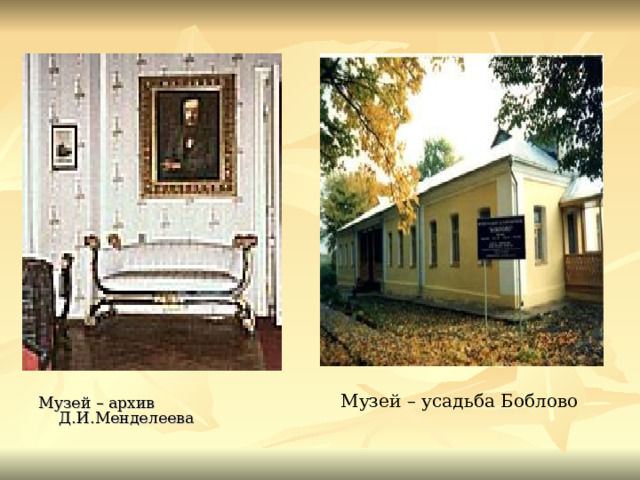 Музей – архив Д.И.Менделеева Музей – усадьба Боблово 