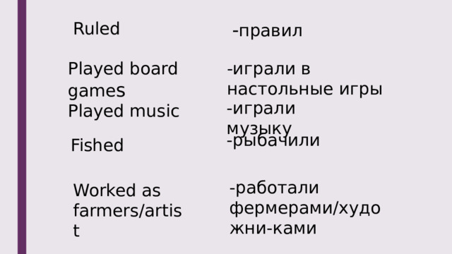 Ruled - правил Played board game s -играли в настольные игры -играли музыку Played music -рыбачили Fished -работали фермерами/художни-ками Worked as farmers/artist 