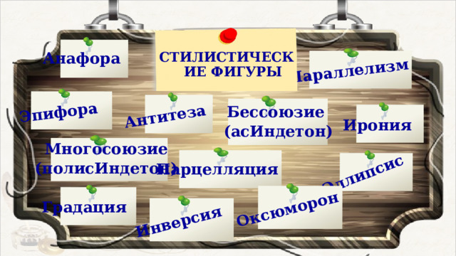 Антитеза Параллелизм Эллипсис Инверсия Эпифора Оксюморон Анафора СТИЛИСТИЧЕСКИЕ ФИГУРЫ Бессоюзие (асИндетон) Ирония Многосоюзие (полисИндетон) Парцелляция Градация 