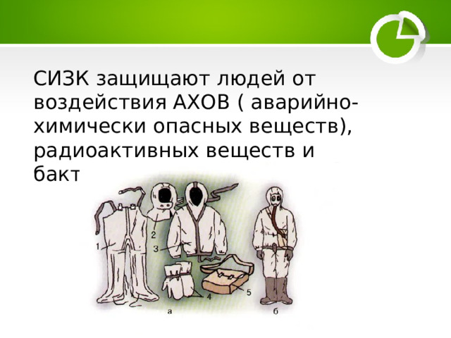 СИЗК защищают людей от воздействия АХОВ ( аварийно-химически опасных веществ), радиоактивных веществ и бактериальных средств. 