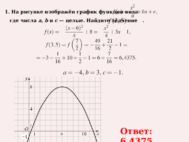 1. На рисунке изображён график функции вида     где числа  a ,  b  и  c  — целые. Найдите значение   .  Ответ: 6,4375 