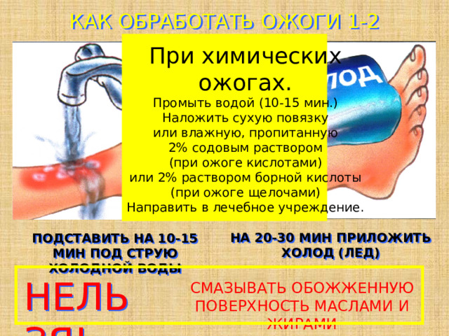 КАК ОБРАБОТАТЬ ОЖОГИ 1-2 СТЕПЕНИ При химических ожогах. Промыть водой (10-15 мин.) Наложить сухую повязку или влажную, пропитанную 2% содовым раствором (при ожоге кислотами) или 2% раствором борной кислоты (при ожоге щелочами) Направить в лечебное учреждение. НА 20-30 МИН ПРИЛОЖИТЬ ХОЛОД (ЛЕД) ПОДСТАВИТЬ НА 10-15 МИН ПОД СТРУЮ ХОЛОДНОЙ ВОДЫ НЕЛЬЗЯ! СМАЗЫВАТЬ ОБОЖЖЕННУЮ ПОВЕРХНОСТЬ МАСЛАМИ И ЖИРАМИ 