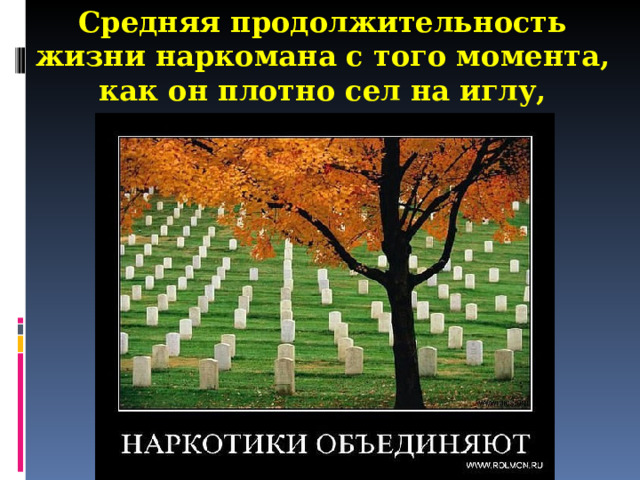 Средняя продолжительность жизни наркомана с того момента, как он плотно сел на иглу, составляет 6-7 лет . 