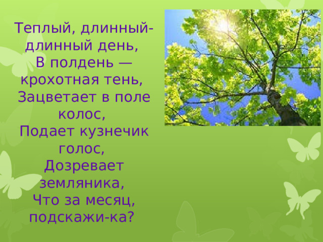 Теплый, длинный-длинный день,  В полдень — крохотная тень,  Зацветает в поле колос,  Подает кузнечик голос,  Дозревает земляника,  Что за месяц, подскажи-ка?   