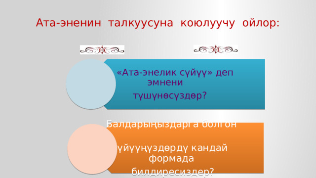 «Ата-энелик сүйүү» деп эмнени түшүнөсүздөр? Балдарыңыздарга болгон сүйүүңүздөрдү кандай формада билдиресиздер? Ата-эненин талкуусуна коюлуучу ойлор: 