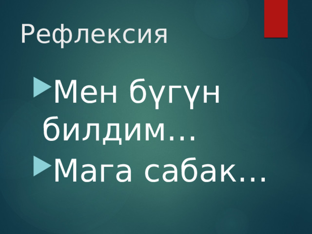 Рефлексия Мен бүгүн билдим… Мага сабак… 