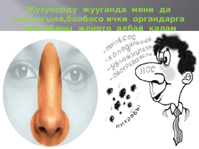 Жузунорду жууганда мени да тазалагыла,болбосо ички органдарга таза абаны жоното албай калам 