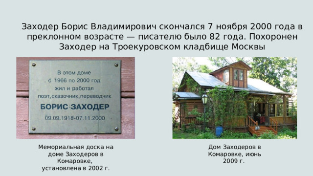 Заходер Борис Владимирович скончался 7 ноября 2000 года в преклонном возрасте — писателю было 82 года. Похоронен Заходер на Троекуровском кладбище Москвы Мемориальная доска на доме Заходеров в Комаровке,  Дом Заходеров в Комаровке, июнь 2009 г.  установлена в 2002 г. 