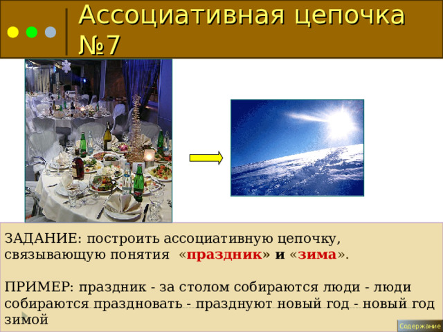 Ассоциативная цепочка №7  ЗАДАНИЕ: построить ассоциативную цепочку, связывающую понятия « праздник » и « зима ». ПРИМЕР: праздник - за столом собираются люди - люди собираются праздновать - празднуют новый год - новый год зимой Содержание 