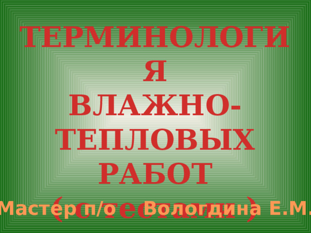 ТЕРМИНОЛОГИЯ ВЛАЖНО- ТЕПЛОВЫХ РАБОТ ( с тестами ) Мастер п/о Вологдина Е.М. 