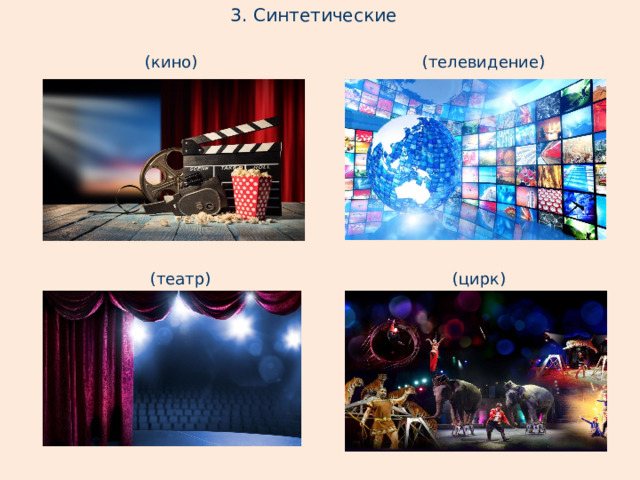 3. Синтетические (кино) (телевидение) (театр) (цирк) 