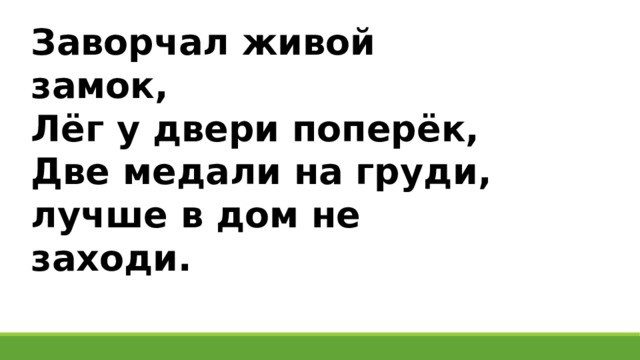 Заворчал живой замок, Лёг у двери поперёк, Две медали на груди, лучше в дом не заходи. 