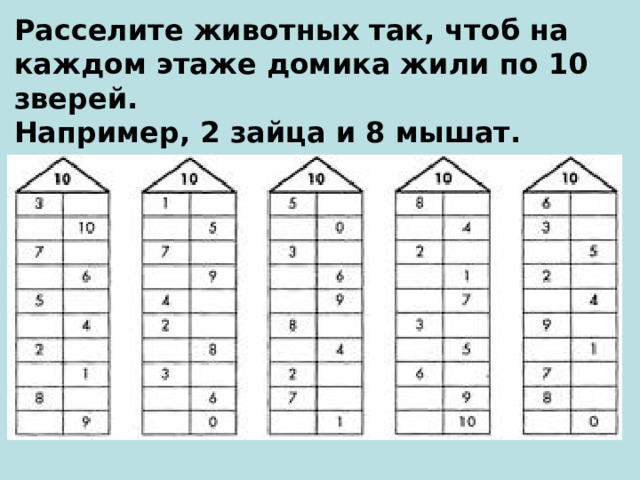 Расселите животных так, чтоб на каждом этаже домика жили по 10 зверей. Например, 2 зайца и 8 мышат. 