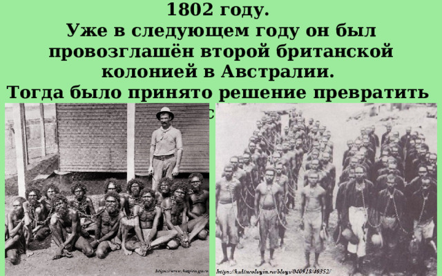 Первые англичане здесь высадились в 1802 году. Уже в следующем году он был провозглашён второй британской колонией в Австралии. Тогда было принято решение превратить эту местность в остров каторжников.  