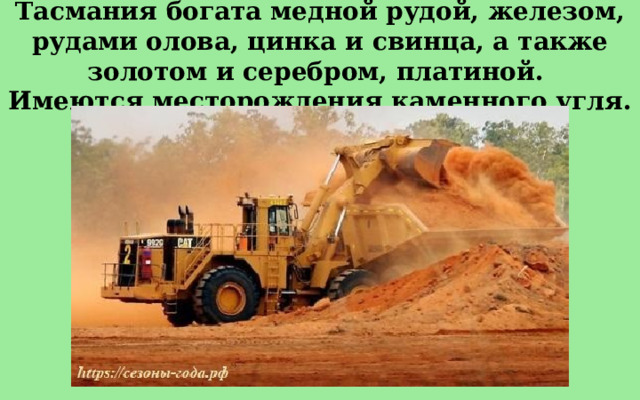 Тасмания богата медной рудой, железом, рудами олова, цинка и свинца, а также золотом и серебром, платиной. Имеются месторождения каменного угля. 