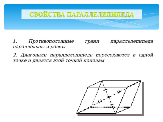 1. Противоположные грани параллелепипеда параллельны и равны 2. Диагонали параллелепипеда пересекаются в одной точке и делятся этой точкой пополам 