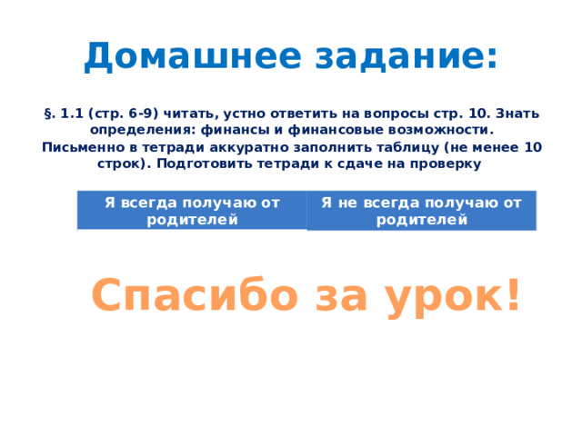 Домашнее задание: §. 1.1 (стр. 6-9) читать, устно ответить на вопросы стр. 10. Знать определения: финансы и финансовые возможности. Письменно в тетради аккуратно заполнить таблицу (не менее 10 строк). Подготовить тетради к сдаче на проверку  Я всегда получаю от родителей Я не всегда получаю от родителей Спасибо за урок! 