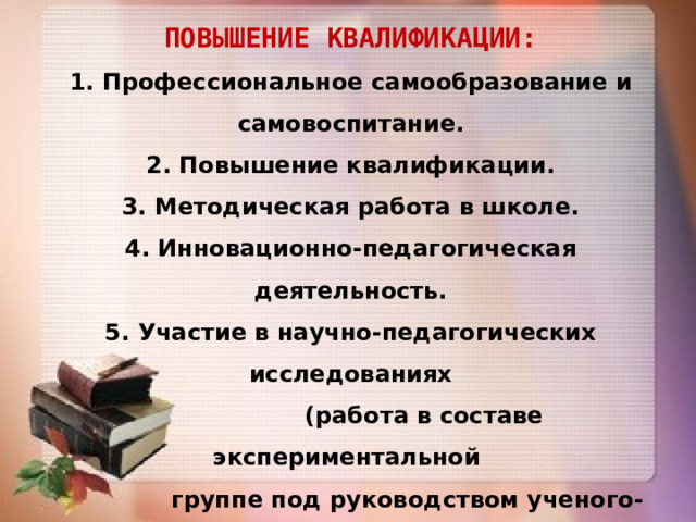 ПОВЫШЕНИЕ КВАЛИФИКАЦИИ: 1. Профессиональное самообразование и самовоспитание. 2. Повышение квалификации. 3. Методическая работа в школе. 4. Инновационно-педагогическая деятельность. 5. Участие в научно-педагогических исследованиях  (работа в составе экспериментальной  группе под руководством ученого-педагога). 6. Участие в конкурсах  профессионального мастерства    