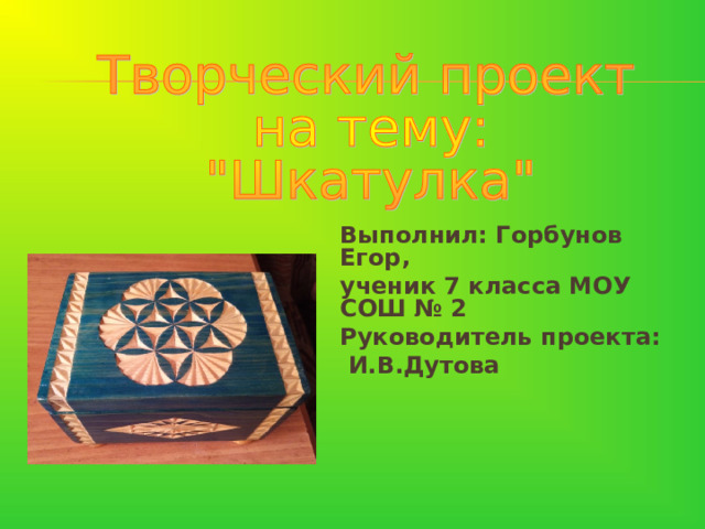 Выполнил: Горбунов Егор, ученик 7 класса МОУ СОШ № 2 Руководитель проекта:  И.В.Дутова 