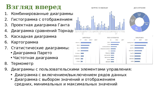 Взгляд вперед Комбинированные диаграммы Гистограмма с отображением итогов Проектная диаграмма Ганта Диаграмма сравнений Торнадо Каскадная диаграмма Картограмма Статистические диаграммы: Диаграмма Парето Частотная диаграмма Диаграмма Парето Частотная диаграмма Термометр Диаграммы с пользовательскими элементами управления: Диаграмма с включением/выключением рядов данных Диаграмма с выбором значений и отображением средних, минимальных и максимальных значений Диаграмма с включением/выключением рядов данных Диаграмма с выбором значений и отображением средних, минимальных и максимальных значений 