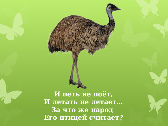 И петь не поёт, И летать не летает… За что же народ Его птицей считает? 
