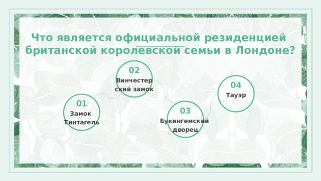 Что является официальной резиденцией британской королевской семьи в Лондоне? 02 Винчестер ский замок 04 Тауэр 01 03 Замок Тинтагель Букингемский дворец 16 