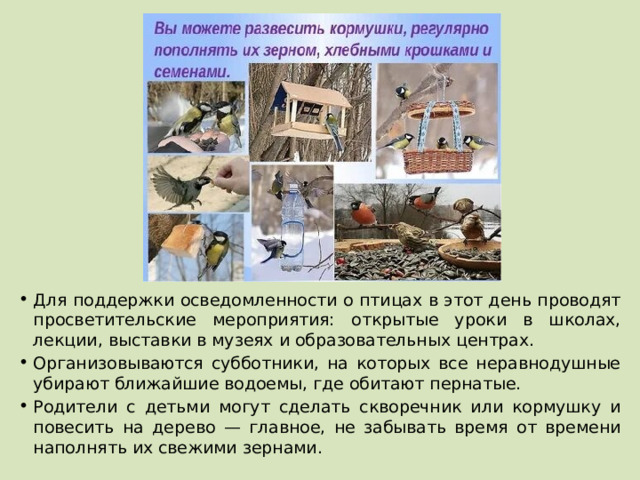 Для поддержки осведомленности о птицах в этот день проводят просветительские мероприятия: открытые уроки в школах, лекции, выставки в музеях и образовательных центрах. Организовываются субботники, на которых все неравнодушные убирают ближайшие водоемы, где обитают пернатые. Родители с детьми могут сделать скворечник или кормушку и повесить на дерево — главное, не забывать время от времени наполнять их свежими зернами. 