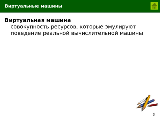 Виртуальные машины Виртуальная машина  совокупность ресурсов, которые эмулируют поведение реальной вычислительной машины  