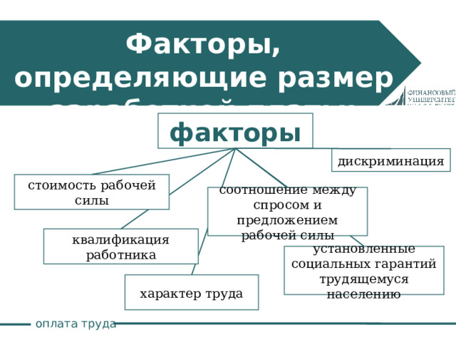 Факторы, определяющие размер заработной платы:  факторы дискриминация стоимость рабочей силы соотношение между спросом и предложением рабочей силы квалификация работника установленные социальных гарантий трудящемуся населению характер труда оплата труда 