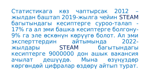 Статистикага көз чаптырсак 2012 –жылдан баштап 2019-жылга чейин STEAM багытындагы кесиптерге суроо-талап -17% га ал эми башка кесиптерге болгону-9% га эле өскөнүн көрүүгө болот. Ал эми эксперттердин айтымында 2022-жылдары STEAM багытындагы кесиптерге 9000000 дон ашык вакансия ачылат дешүүдө. Мына өзүңүздөр көргөндөй цифралар өздөрү айтып турат. 