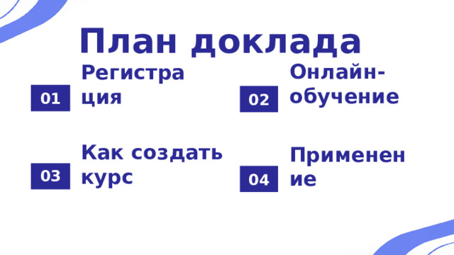 План доклада 01 02 Регистрация Онлайн-обучение Как создать курс 03 Применение 04 