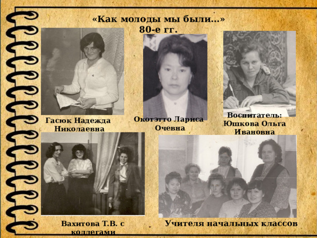 «Как молоды мы были…» 80-е гг. Воспитатель: Юшкова Ольга Ивановна Окотэтто Лариса Очевна Гасюк Надежда Николаевна   Учителя начальных классов Вахитова Т.В. с коллегами 