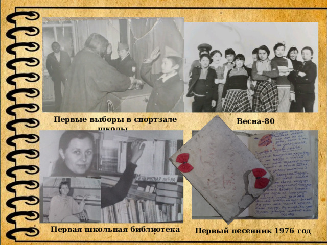  Первые выборы в спортзале школы 1979 год Весна-80 Первая школьная библиотека Первый песенник 1976 год   