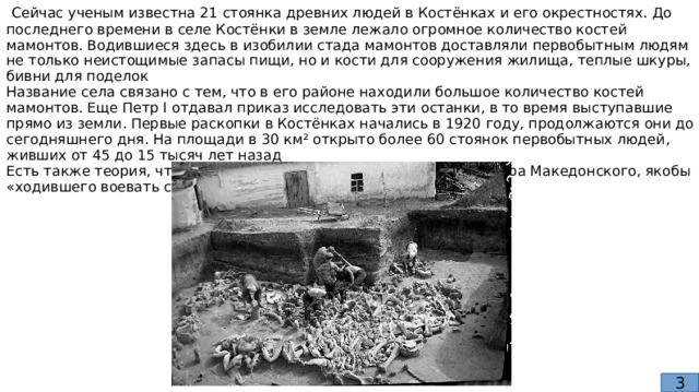  Сейчас ученым известна 21 стоянка древних людей в Костёнках и его окрестностях. До последнего времени в селе Костёнки в земле лежало огромное количество костей мамонтов. Водившиеся здесь в изобилии стада мамонтов доставляли первобытным людям не только неистощимые запасы пищи, но и кости для сооружения жилища, теплые шкуры, бивни для поделок Название села связано с тем, что в его районе находили большое количество костей мамонтов. Еще Петр I отдавал приказ исследовать эти останки, в то время выступавшие прямо из земли. Первые раскопки в Костёнках начались в 1920 году, продолжаются они до сегодняшнего дня. На площади в 30 км² открыто более 60 стоянок первобытных людей, живших от 45 до 15 тысяч лет назад Есть также теория, что кости это останки боевых слонов Александра Македонского, якобы «ходившего воевать скифов». 3 