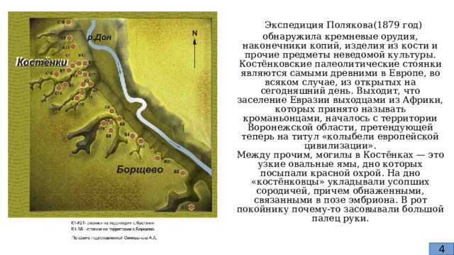  Экспедиция Полякова(1879 год) обнаружила кремневые орудия, наконечники копий, изделия из кости и прочие предметы неведомой культуры.  Костёнковские палеолитические стоянки являются самыми древними в Европе, во всяком случае, из открытых на сегодняшний день. Выходит, что заселение Евразии выходцами из Африки, которых принято называть кроманьонцами, началось с территории Воронежской области, претендующей теперь на титул «колыбели европейской цивилизации».  Между прочим, могилы в Костёнках — это узкие овальные ямы, дно которых посыпали красной охрой. На дно «костёнковцы» укладывали усопших сородичей, причем обнаженными, связанными в позе эмбриона. В рот покойнику почему-то засовывали большой палец руки. 4 