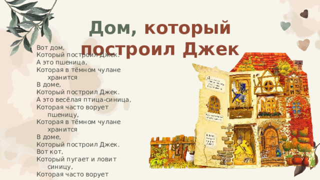 Дом, который построил Джек Вот дом, Который построил Джек. А это пшеница, Которая в тёмном чулане хранится В доме, Который построил Джек. А это весёлая птица-синица, Которая часто ворует пшеницу, Которая в тёмном чулане хранится В доме, Который построил Джек. Вот кот, Который пугает и ловит синицу, Которая часто ворует пшеницу, Которая в тёмном чулане хранится В доме, Который построил Джек… 