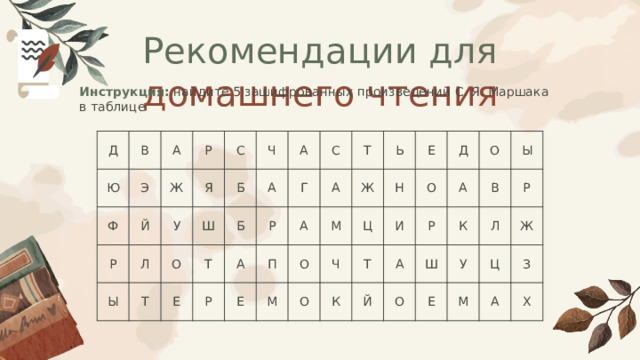 Рекомендации для домашнего чтения Инструкция: найдите 5 зашифрованных произведений С. Я. Маршака в таблице Д В Ю Э A Ф Р Й P Ж Я Л У С Ы T Ш O Ч Б T А Б А Е A Р С Г Р А П Е Т А O М М Ж Ь Н Ч Ц О Е И O К Д Т A А О Й Р В К Ш O Ы У Р E Л M Ж Ц З A X 