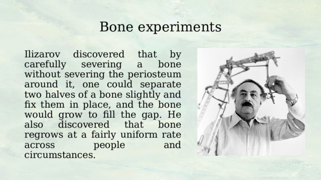 Bone experiments Ilizarov discovered that by carefully severing a bone without severing the periosteum around it, one could separate two halves of a bone slightly and fix them in place, and the bone would grow to fill the gap. He also discovered that bone regrows at a fairly uniform rate across people and circumstances. 