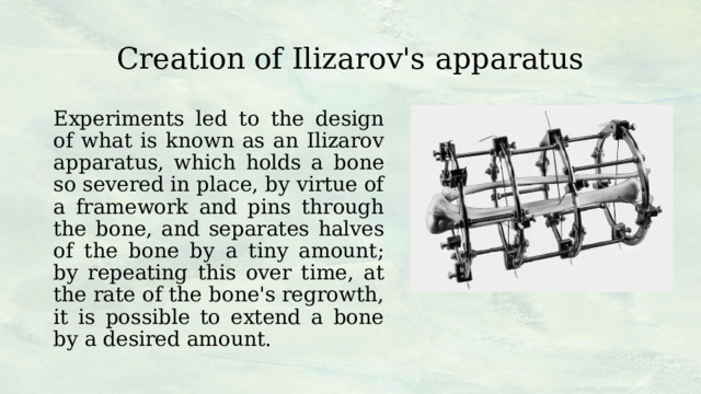 Creation of Ilizarov's apparatus Experiments led to the design of what is known as an Ilizarov apparatus, which holds a bone so severed in place, by virtue of a framework and pins through the bone, and separates halves of the bone by a tiny amount; by repeating this over time, at the rate of the bone's regrowth, it is possible to extend a bone by a desired amount. 