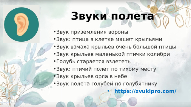 Звуки полета Звук приземления вороны Звук: птица в клетке машет крыльями Звук взмаха крыльев очень большой птицы Звук крыльев маленькой птички колибри Голубь старается взлететь Звук: птичий полет по тихому месту Звук крыльев орла в небе Звук полета голубей по голубятнику https://zvukipro.com/ 