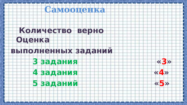 Самооценка  Количество верно Оценка выполненных заданий  3 задания « 3 »  4 задания « 4 »  5 заданий « 5 » 