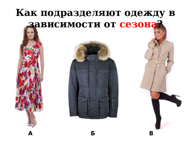 Как подразделяют одежду в зависимости от сезона ?  А Б В 