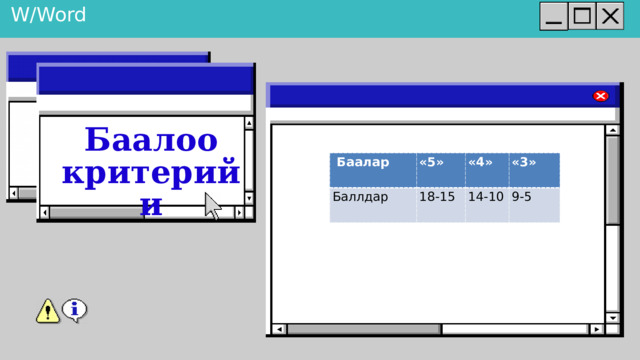 W/Word Баалоо критерийи  Баалар «5» Баллдар «4» 18-15 «3» 14-10 9-5 
