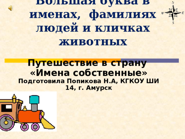  Большая буква в именах, фамилиях людей и кличках животных Имена людей  Фамилии людей   Клички животных  Путешествие в страну «Имена собственные» Подготовила Попикова Н.А, КГКОУ ШИ 14, г. Амурск 