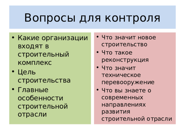 Вопросы для контроля Какие организации входят в строительный комплекс Цель строительства Главные особенности строительной отрасли Что значит новое строительство Что такое реконструкция Что значит техническое перевооружение Что вы знаете о современных направлениях развития строительной отрасли 