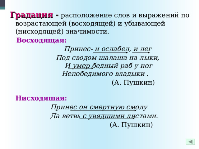  Градация - расположение слов и выражений по возрастающей (восходящей) и убывающей (нисходящей) значимости.  Восходящая:   Принес- и ослабел, и лег  Под сводом шалаша на лыки,  И умер бедный раб у ног  Непобедимого владыки .  (А. Пушкин)   Нисходящая:   Принес он смертную смолу  Да ветвь с увядшими листами.  (А. Пушкин) 