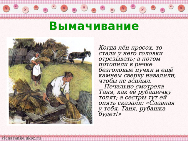 Вымачивание Когда лён просох, то стали у него головки отрезывать; а потом потопили в речке безголовые пучки и ещё камнем сверху навалили, чтобы не всплыл.     Печально смотрела Таня, как её рубашечку топят; а сестры тут ей опять сказали: «Славная у тебя, Таня, рубашка будет!» 