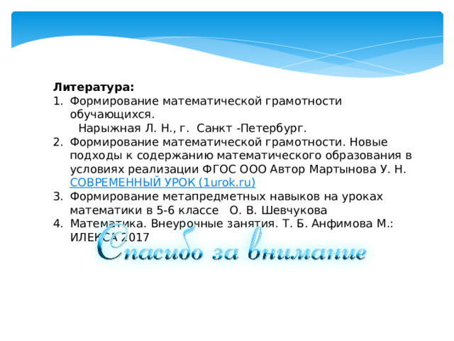 Литература: Формирование математической грамотности обучающихся.  Нарыжная Л. Н., г. Санкт -Петербург. Формирование математической грамотности. Новые подходы к содержанию математического образования в условиях реализации ФГОС ООО Автор Мартынова У. Н. СОВРЕМЕННЫЙ УРОК (1urok.ru) Формирование метапредметных навыков на уроках математики в 5-6 классе О. В. Шевчукова Математика. Внеурочные занятия. Т. Б. Анфимова М.: ИЛЕКСА 2017 