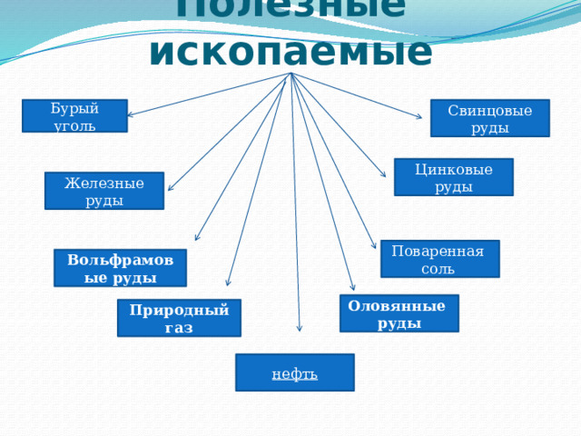 Полезные ископаемые Бурый уголь Свинцовые руды Цинковые руды Железные руды Поваренная соль Вольфрамовые руды Оловянные руды Природный газ нефть 
